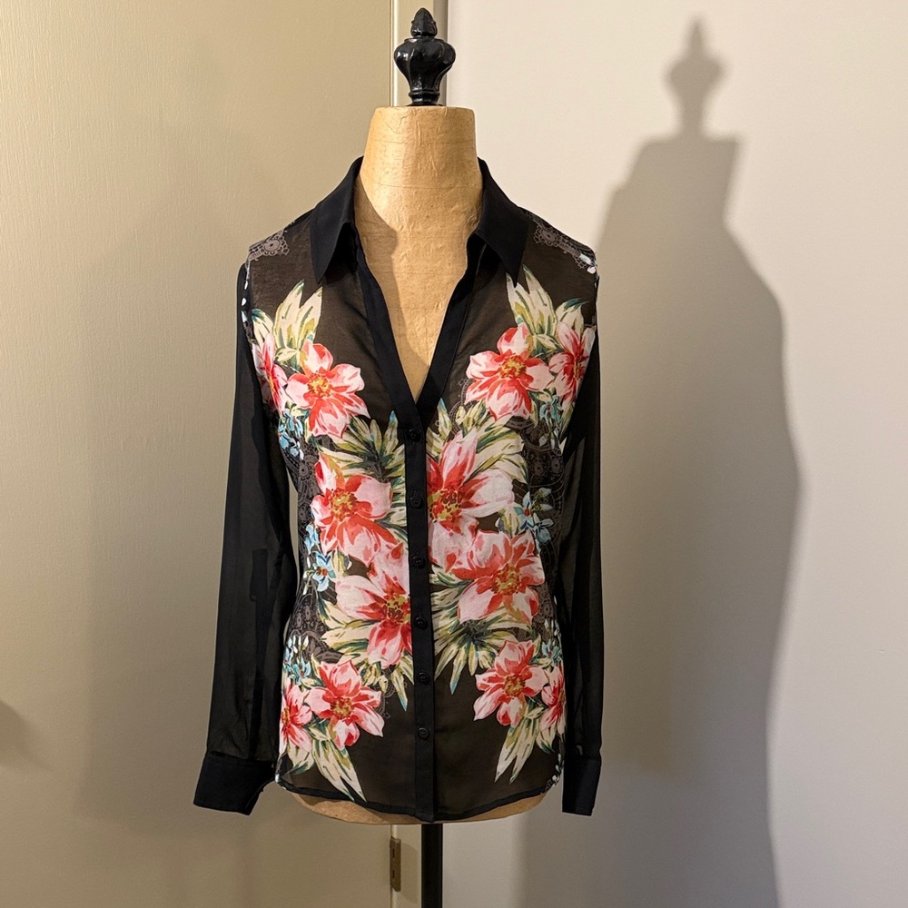 Cache Black Blouse with Floral Print